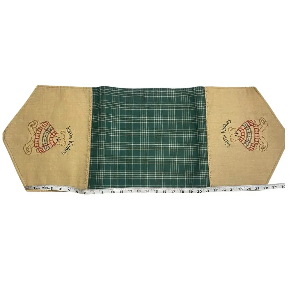 Vintage table runner for side table that reads “Warm Wishes” w teddy bear design
